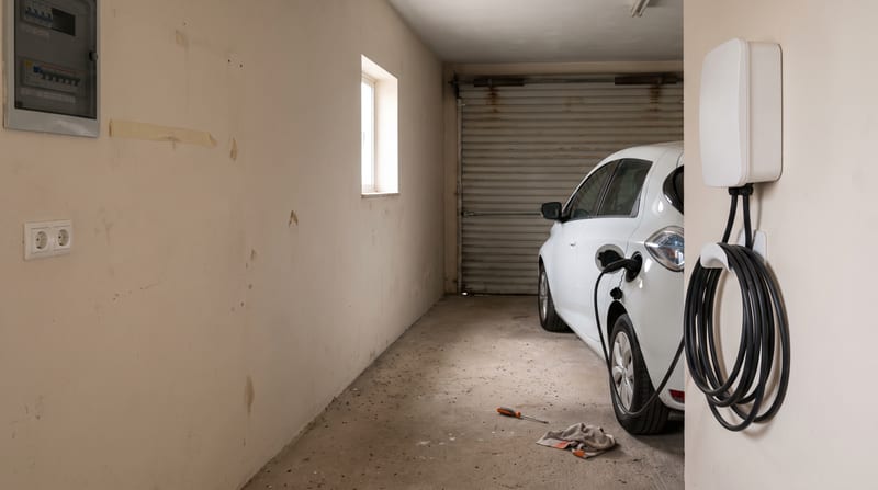 Carregador de parede numa garagem fechada, com o carro elétrico ligado (imagem ilustrativa)