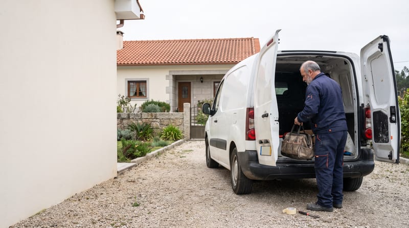 Carrinha de serviço branca à porta de uma moradia (imagem ilustrativa)