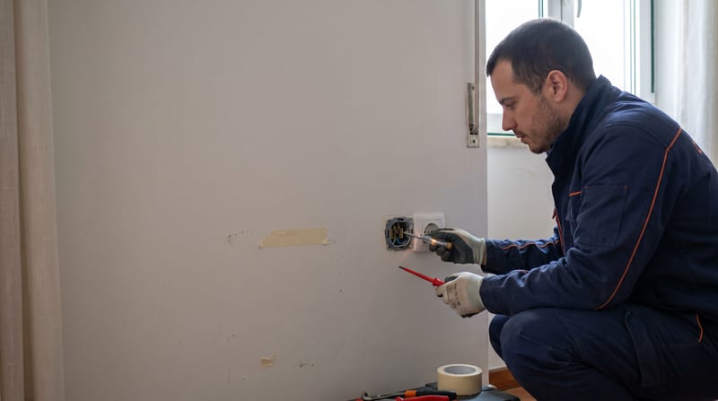 Eletricista a substituir uma tomada numa parede de sala