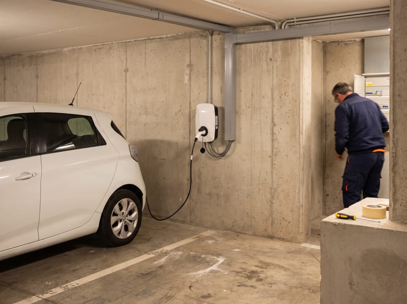 Carregador de parede num lugar de garagem de um prédio, com calha técnica