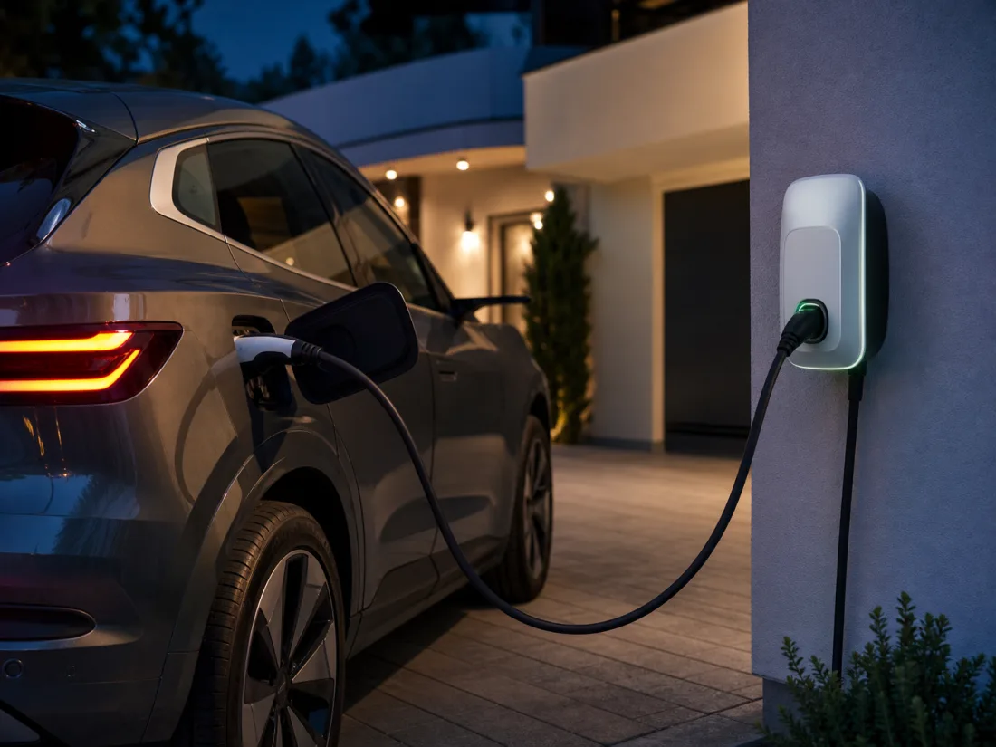 Carro elétrico a carregar em casa durante a noite numa wallbox